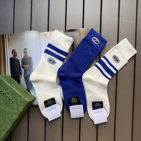 réplica,joyas,joyería,1:1,replica,fake,lujo,barato 3 pares de nuevos calcetines de tubo medio de algodón de estilo deportivo y de ocio con rayas azules de Gucci