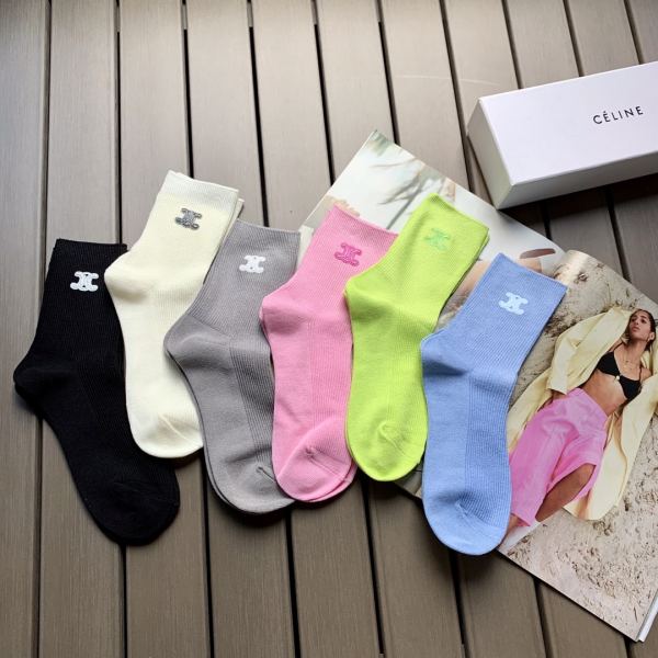 réplica,joyas,joyería,1:1,replica,fake,lujo,barato 6 pares de calcetines de tubo medio de algodón puro estilo letra color caramelo nuevos de Celine