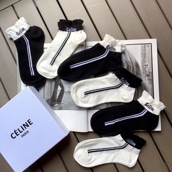 réplica,joyas,joyería,1:1,replica,fake,lujo,barato 6 pares Celine nuevos calcetines de algodón con encaje en contraste de color blanco y negro
