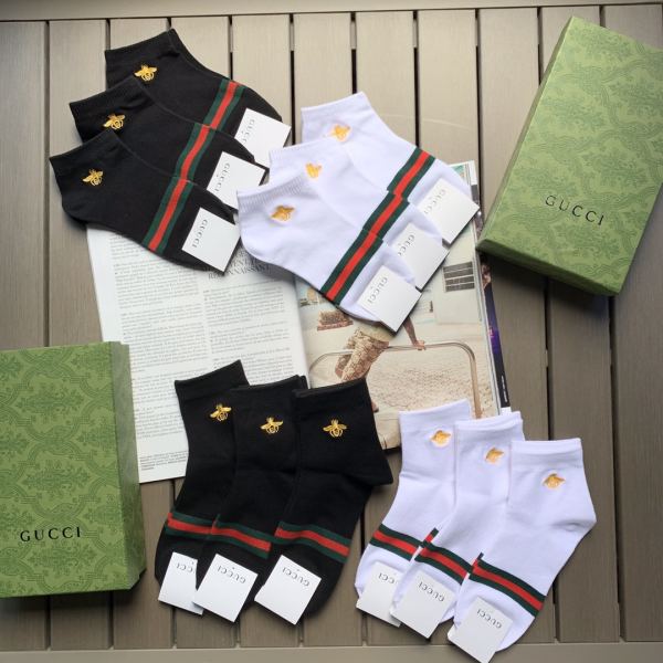 réplica,joyas,joyería,1:1,replica,fake,lujo,barato 6 pares de calcetines de algodón Gucci Classic con bordado de abeja dorada