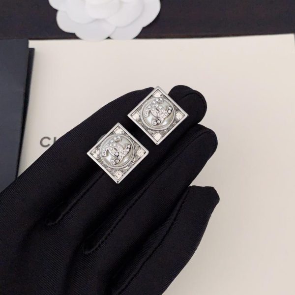 réplica,joyas,joyería,1:1,replica,fake,lujo,barato Aretes con perlas y diamantes cuadrados de Chanel