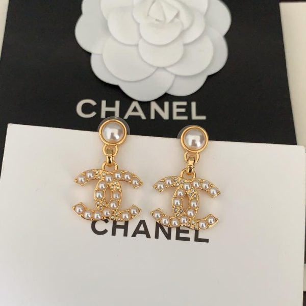 réplica,joyas,joyería,1:1,replica,fake,lujo,barato Pendientes Chanel con perlas y diamantes en oro cc