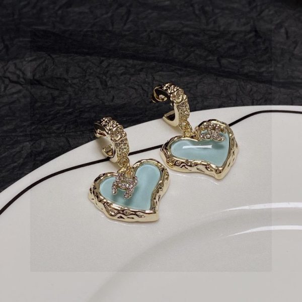 réplica,joyas,joyería,1:1,replica,fake,lujo,barato Pendientes azul claro con cristal de melocotón y corazón de diamantes con doble C de Chanel