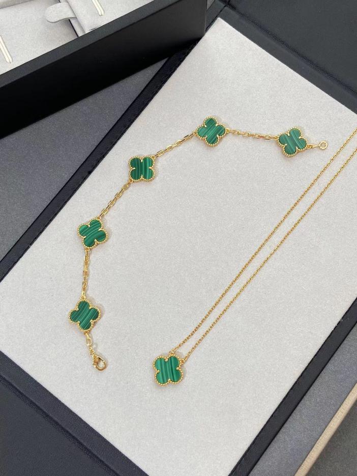 réplica,joyas,joyería,1:1,replica,fake,lujo,barato [Versión superior] Pulsera de cinco flores de malaquita natural de Van Cleef & Arpels