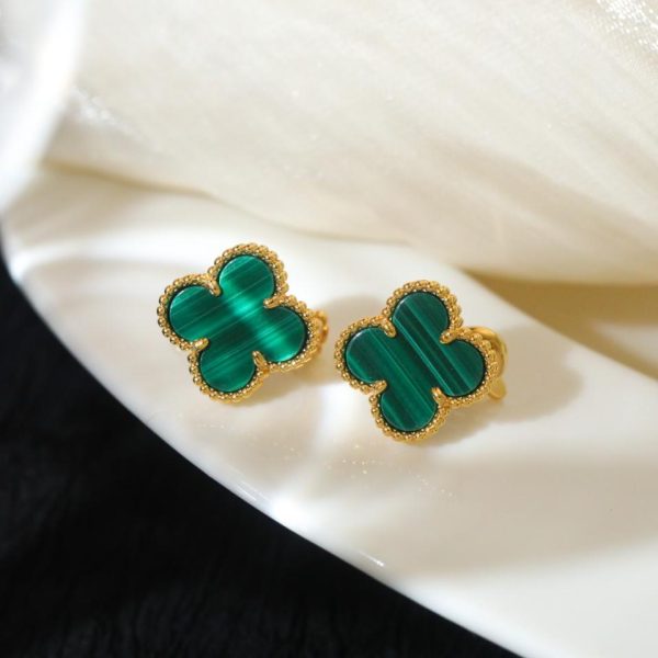 réplica,joyas,joyería,1:1,replica,fake,lujo,barato [Versión superior] Pendientes medianos con trébol de cuatro hojas y malaquita de Van Cleef & Arpels