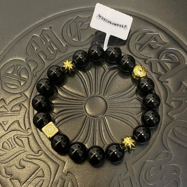 réplica,joyas,joyería,1:1,replica,fake,lujo,barato Pulsera cruzada con cuentas de ónix negro y corazones cromados