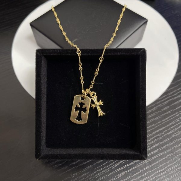 réplica,joyas,joyería,1:1,replica,fake,lujo,barato Collar con cruz y cuadrado brillante chapado en oro Chrome Hearts