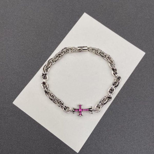 réplica,joyas,joyería,1:1,replica,fake,lujo,barato Pulsera con cruz de diamantes rosas y corazones cromados