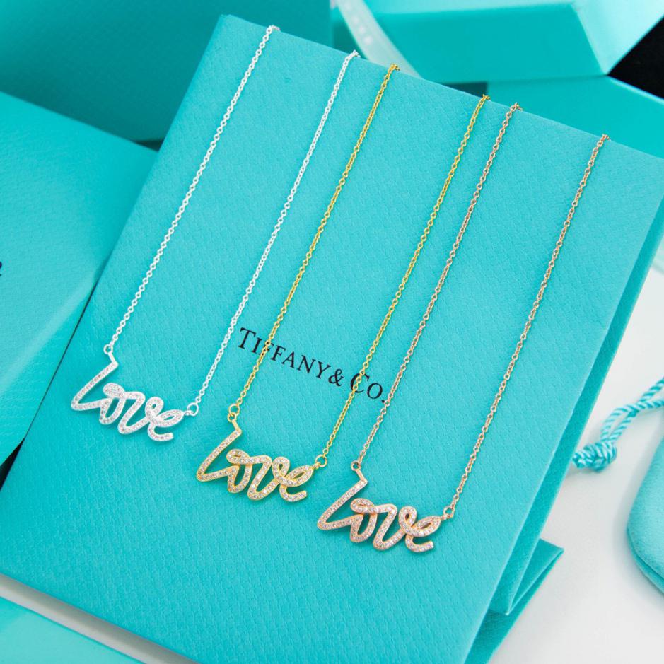 réplica,joyas,joyería,1:1,replica,fake,lujo,barato Cadena de clavícula con diamantes completos con letras Tiffany LOVE