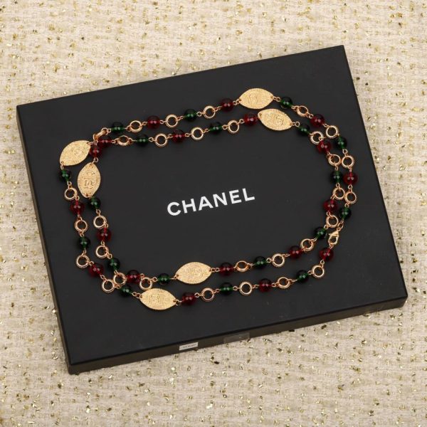réplica,joyas,joyería,1:1,replica,fake,lujo,barato Cadena larga con medalla de oro ovalada con cuentas bicolor Chanel