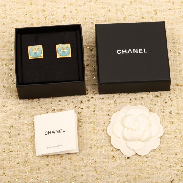 réplica,joyas,joyería,1:1,replica,fake,lujo,barato Pendientes Chanel cuadrados dorados celestes