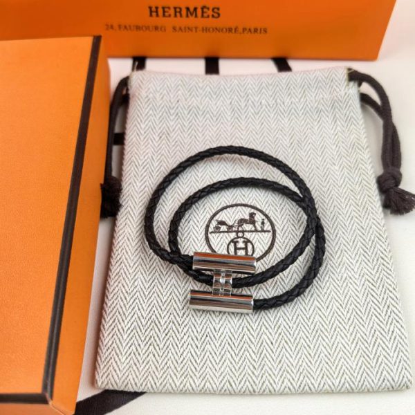 réplica,joyas,joyería,1:1,replica,fake,lujo,barato Hermes Doble Círculo Plata Brillante H Pulsera de Cuero/Modelo Mejorado