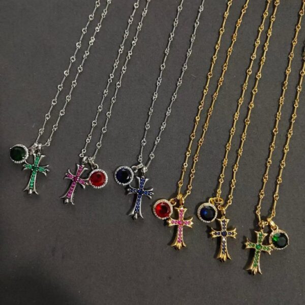 réplica,joyas,joyería,1:1,replica,fake,lujo,barato Collar de bambú con colgante doble y cruz multicolor con diamantes verdes y corazones cromados (6F0F)