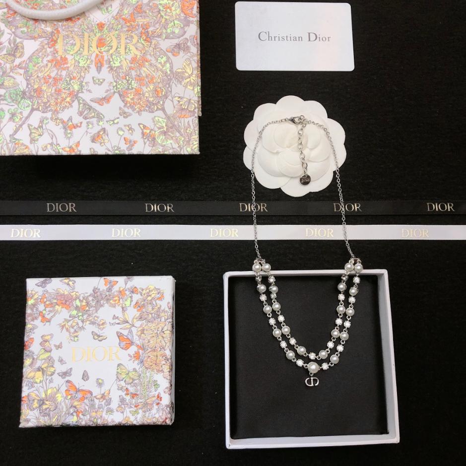 réplica,joyas,joyería,1:1,replica,fake,lujo,barato réplica,joyas,joyería,1:1,replica,fake,lujo,barato Collar CD Dior con doble perla y cristal (E3D8)