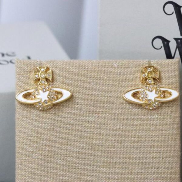 réplica,joyas,joyería,1:1,replica,fake,lujo,barato Pendientes de Saturno y estrella fugaz de esmalte blanco con borde dorado de la Reina Madre Vivienne (160D)