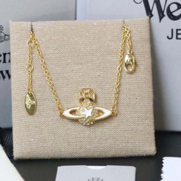 réplica,joyas,joyería,1:1,replica,fake,lujo,barato Reina Madre Vivienne estrella fugaz de esmalte blanco con borde dorado y collar Saturno (E325)