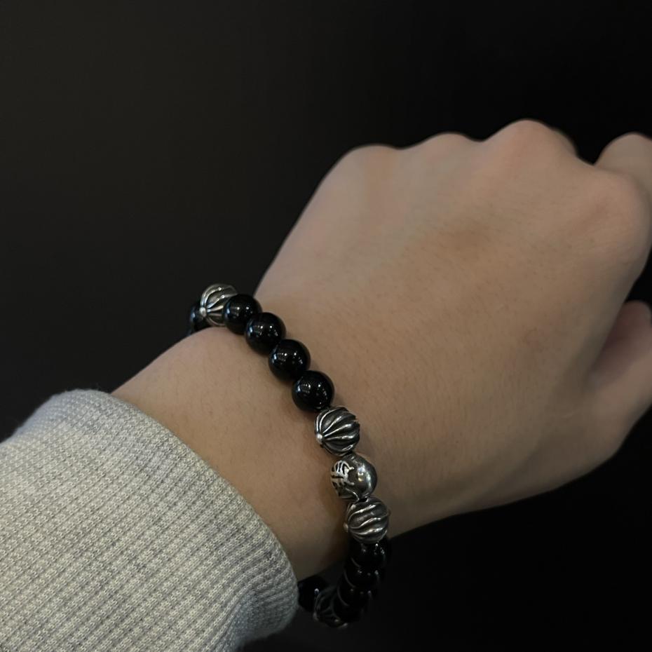 réplica,joyas,joyería,1:1,replica,fake,lujo,barato réplica,joyas,joyería,1:1,replica,fake,lujo,barato Pulsera Obsidiana 8 Cuentas Plata Corazones Cromados