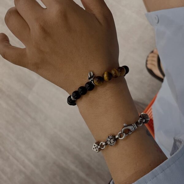réplica,joyas,joyería,1:1,replica,fake,lujo,barato Pulsera de piedra ámbar y ónix negro con corazones cromados