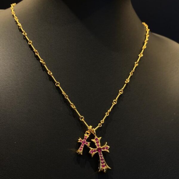 réplica,joyas,joyería,1:1,replica,fake,lujo,barato Collar con doble cruz de diamantes rojos chapado en oro de 22k Chrome Hearts