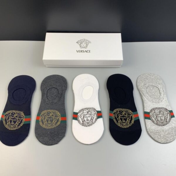 réplica,joyas,joyería,1:1,replica,fake,lujo,barato VERSACE nuevos calcetines invisibles de verano, calidad de algodón puro, cómodos y transpirables, mejora con pegamento caliente en el talón para evitar que se caigan, 5 pares en una caja (3821)