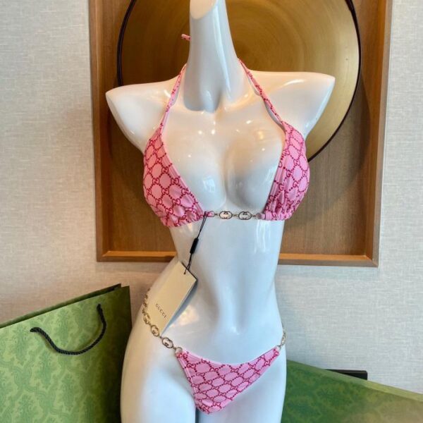 réplica,joyas,joyería,1:1,replica,fake,lujo,barato Nuevo traje de baño de bikini Gucci ~ Ropa interior con sujetador de cadena y camisola con estampado de letras Doble G + conjunto de dos piezas de calzoncillos
