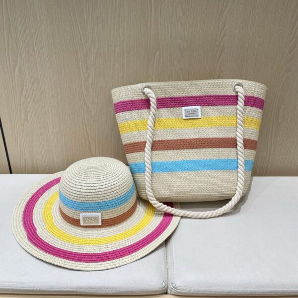 réplica,joyas,joyería,1:1,replica,fake,lujo,barato Prada conjunto de dos piezas de verano con sombrero de paja a rayas de ala ancha y bolso de paja