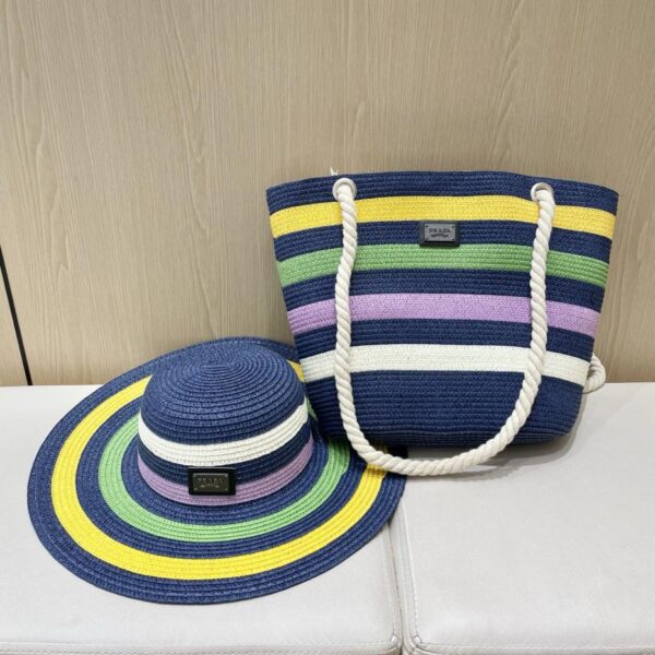 réplica,joyas,joyería,1:1,replica,fake,lujo,barato Prada conjunto de dos piezas de verano con sombrero de paja a rayas de ala ancha y bolso de paja