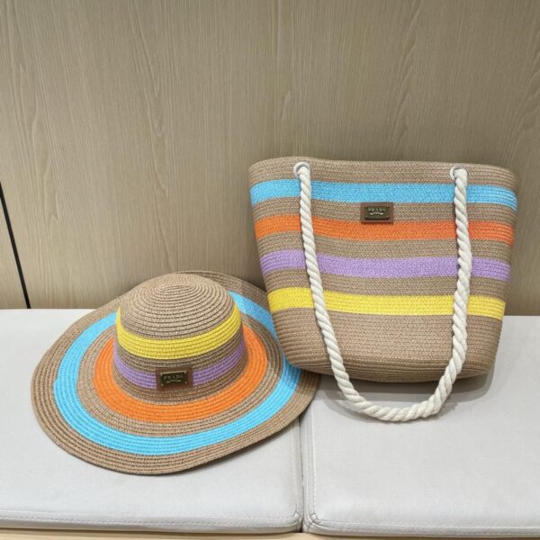 réplica,joyas,joyería,1:1,replica,fake,lujo,barato Prada conjunto de dos piezas de verano con sombrero de paja a rayas de ala ancha y bolso de paja