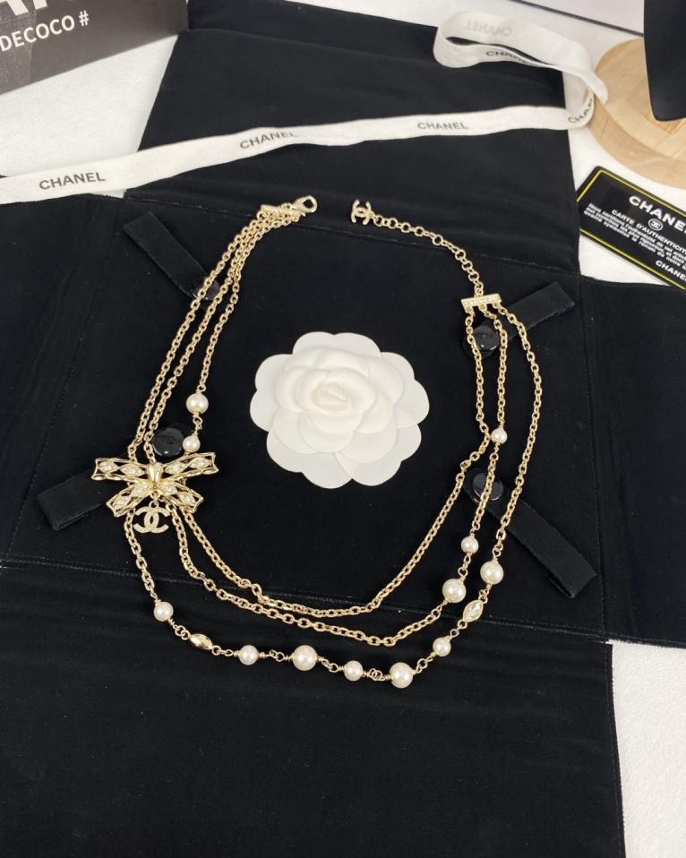 réplica,joyas,joyería,1:1,replica,fake,lujo,barato réplica,joyas,joyería,1:1,replica,fake,lujo,barato Collar de tres capas con lazo y perlas de diamantes de Chanel (ZI0AF)