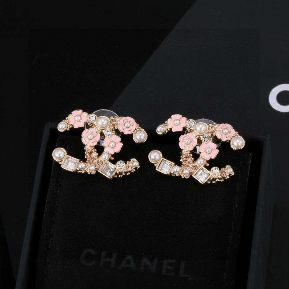 réplica,joyas,joyería,1:1,replica,fake,lujo,barato réplica,joyas,joyería,1:1,replica,fake,lujo,barato Pendientes Chanel Doble C Clásicos Románticos con Flor Rosa (C67MW)