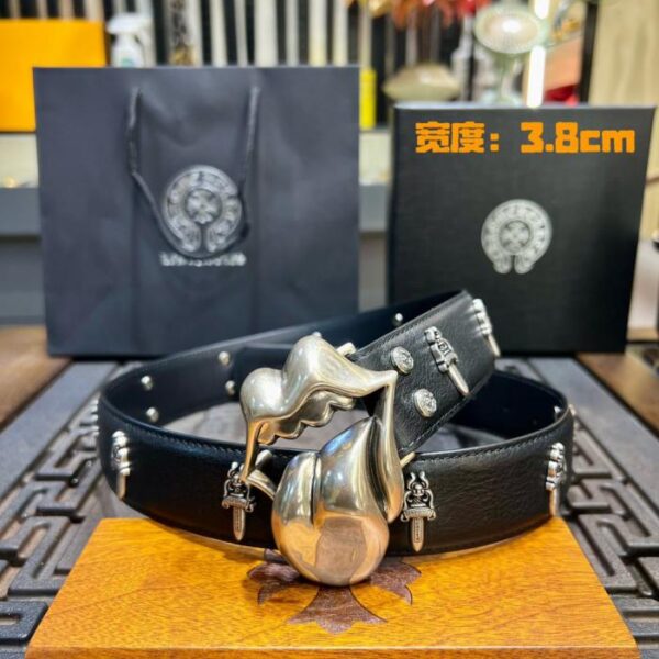 réplica,joyas,joyería,1:1,replica,fake,lujo,barato Cinturón negro desmontable Chrome Hearts, piel de vacuno encerada original, hebilla de latón con baño de plata 925 (AVAZZ)