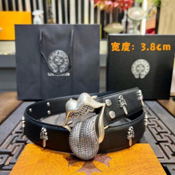 réplica,joyas,joyería,1:1,replica,fake,lujo,barato Cinturón Chrome Hearts con lengüeta adornada con diamantes, piel de vacuno encerada original y hebilla de latón con baño de plata 925 (SIUQZ)