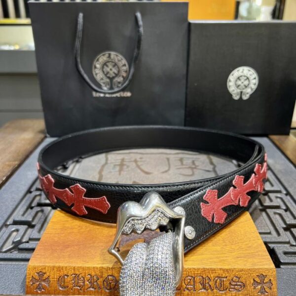 réplica,joyas,joyería,1:1,replica,fake,lujo,barato Cinturón Chrome Hearts con lengüeta adornada con diamantes, piel de vacuno encerada original y hebilla de latón con baño de plata 925 (SIUQZ)