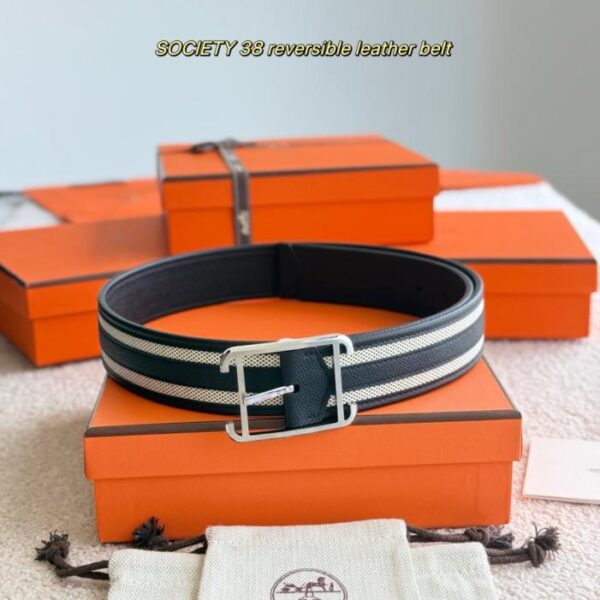 réplica,joyas,joyería,1:1,replica,fake,lujo,barato Cinturón reversible de piel SOCIETY 38. Cinturón de doble cara de piel de becerro Epsom y lona H (R7N7R).