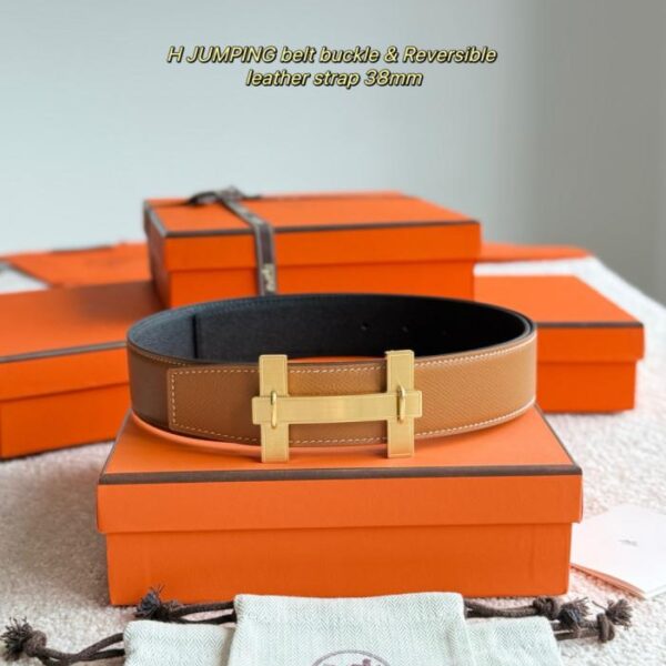réplica,joyas,joyería,1:1,replica,fake,lujo,barato Cinturón Hermes JUMPING para hombre (0JBT1) con herrajes de primera calidad y cuero Epsom importado en negro y marrón dorado, 38 mm de ancho