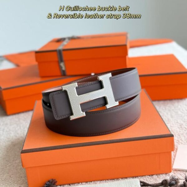 réplica,joyas,joyería,1:1,replica,fake,lujo,barato Cinturón para hombre de 38 mm de ancho con herrajes de boutique Hermes Guillochee y piel de becerro mate de doble cara importada (5QB84)