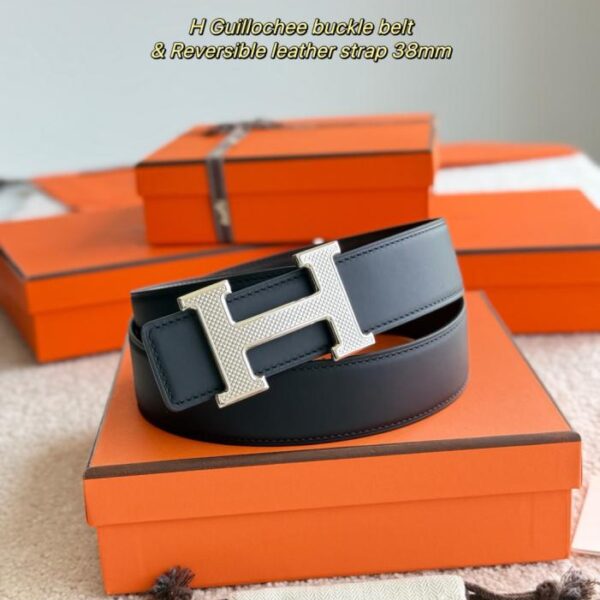 réplica,joyas,joyería,1:1,replica,fake,lujo,barato Cinturón para hombre de 38 mm de ancho (AKBL1) con herrajes de boutique Hermes Guillochee y piel de becerro mate de doble cara importada.