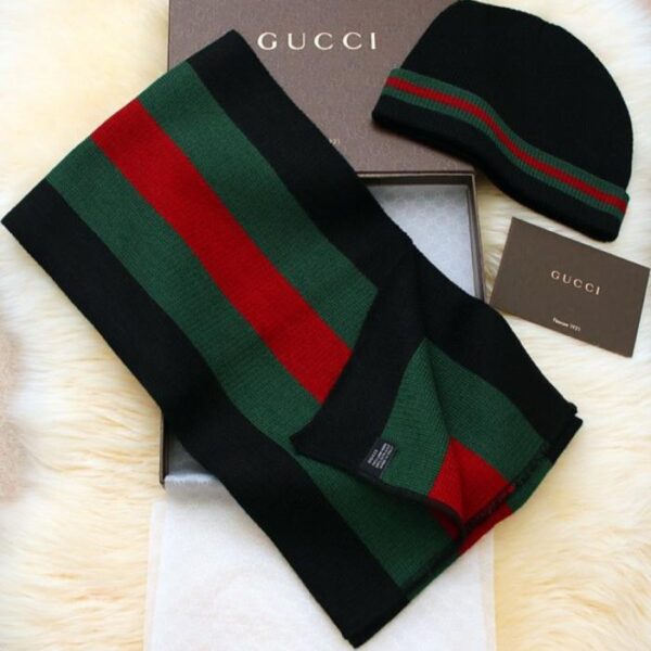 réplica,joyas,joyería,1:1,replica,fake,lujo,barato Conjunto de bufanda y gorro de lana a rayas rojas y verdes RGC1606 Gucci clásico (4Z5ZD) en 3 colores