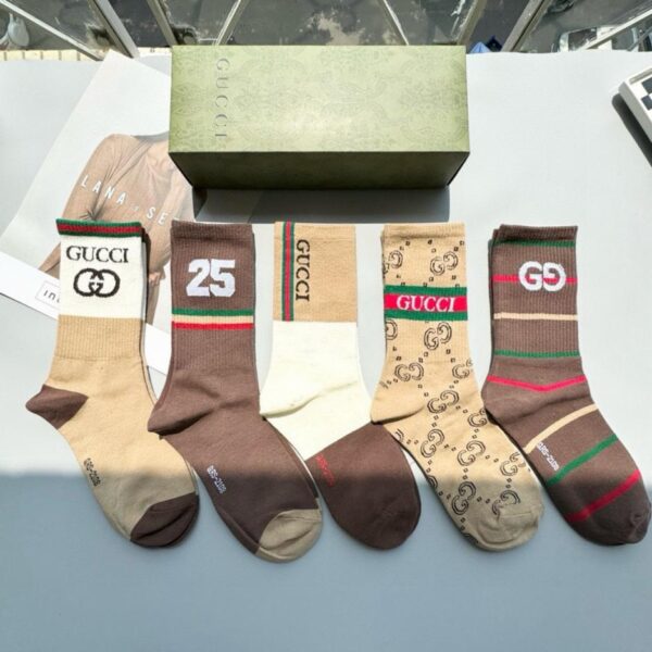 réplica,joyas,joyería,1:1,replica,fake,lujo,barato [Una caja contiene cinco pares] Calcetines Gucci de nueva colección, calidad boutique, 100% algodón (ZU0VW)
