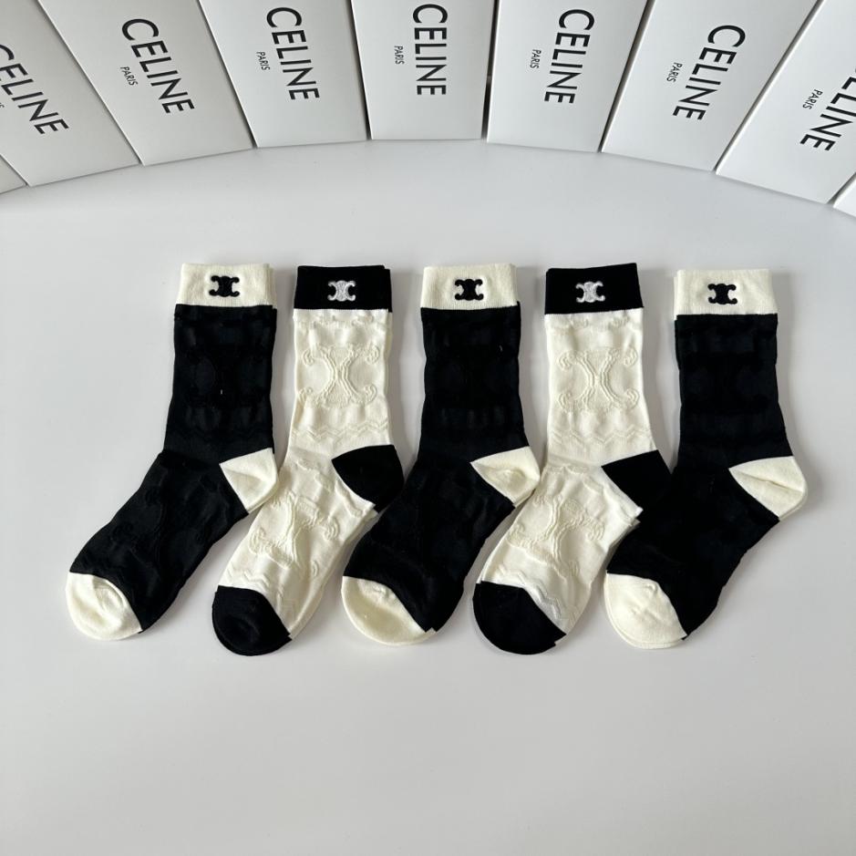 réplica,joyas,joyería,1:1,replica,fake,lujo,barato réplica,joyas,joyería,1:1,replica,fake,lujo,barato CELINE Nuevos calcetines bordados de media caña, 5 pares por caja (C6V09)