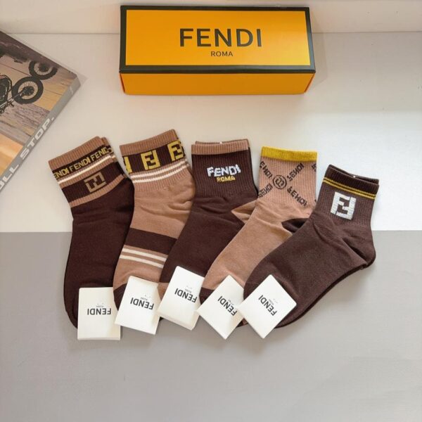réplica,joyas,joyería,1:1,replica,fake,lujo,barato (5 pares por caja) Calcetines FENDI Classic Double F de media caña, puro algodón (K14SM)