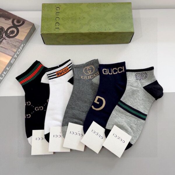 réplica,joyas,joyería,1:1,replica,fake,lujo,barato (5 pares por caja) Calcetines unisex GUCCI de media caña, tejido de puro algodón (SUA4V)