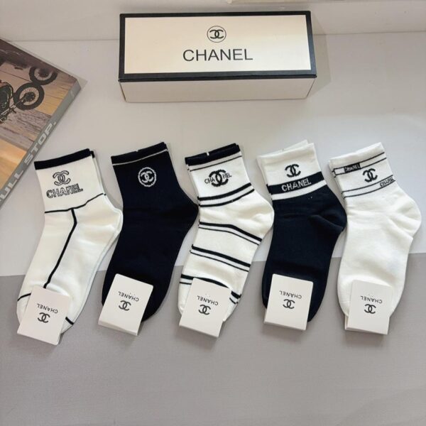 réplica,joyas,joyería,1:1,replica,fake,lujo,barato (5 pares por caja) Calcetines náuticos clásicos de Chanel, algodón puro de alta calidad, material suave (09UOI)