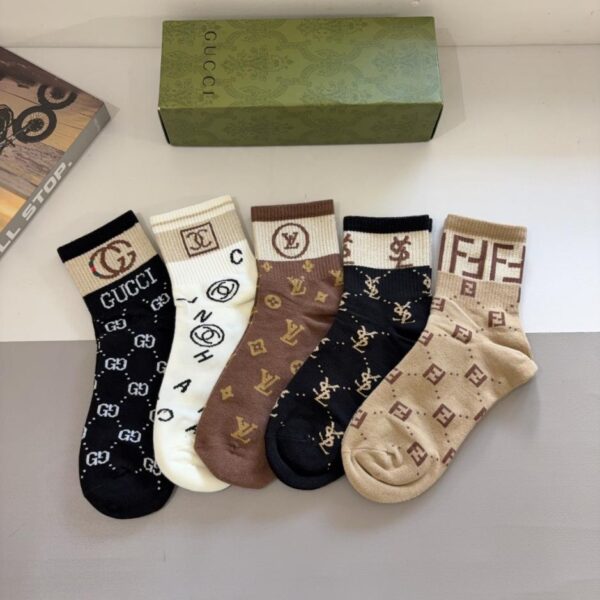 réplica,joyas,joyería,1:1,replica,fake,lujo,barato (5 pares por caja) Calcetines GUCCI nuevos de media caña, tejido de puro algodón (890ZD)