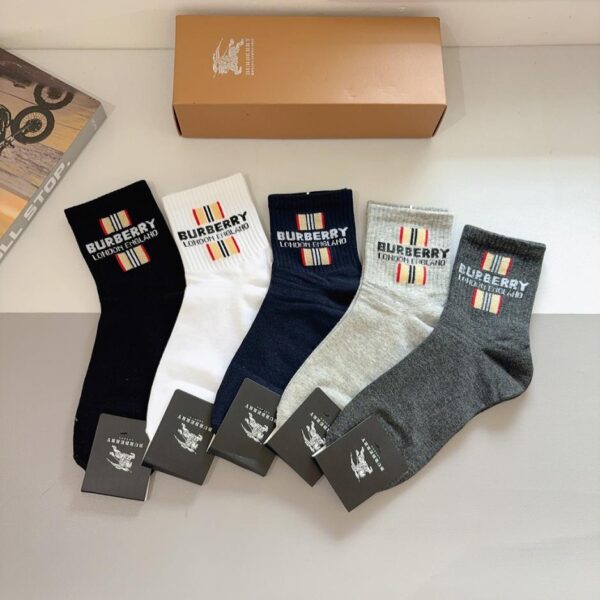réplica,joyas,joyería,1:1,replica,fake,lujo,barato (5 pares por caja) Calcetines Burberry para hombre, de media caña, 100% algodón (G5ASX)