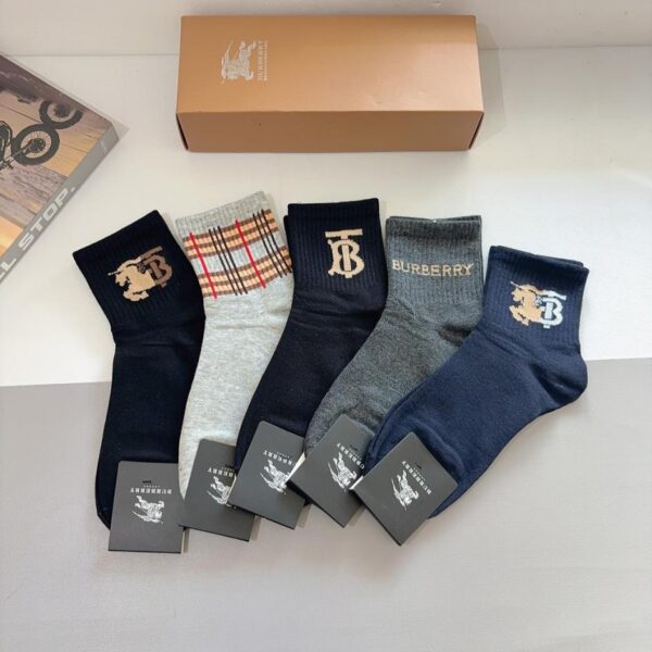 réplica,joyas,joyería,1:1,replica,fake,lujo,barato (5 pares por caja) Calcetines Burberry para hombre, de media caña, 100% algodón (OZKGB)