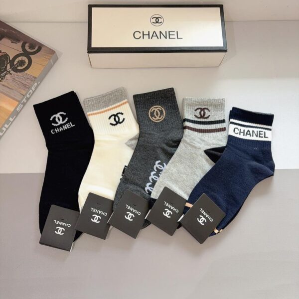 réplica,joyas,joyería,1:1,replica,fake,lujo,barato (5 pares por caja) Calcetines Chanel para hombre, de media caña, puro algodón (13NQR)
