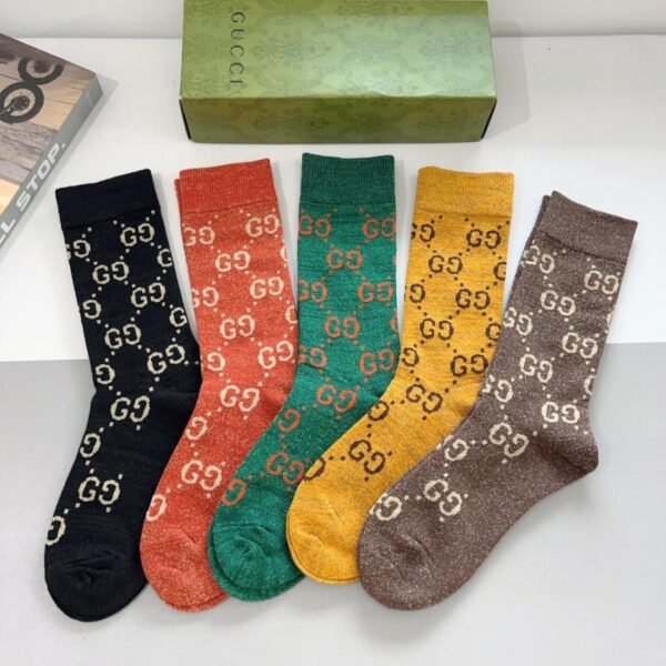 réplica,joyas,joyería,1:1,replica,fake,lujo,barato (5 pares por caja) Calcetines largos GUCCI, tejido de puro algodón (Q1YI7)