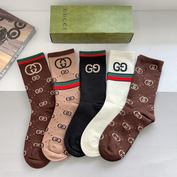 réplica,joyas,joyería,1:1,replica,fake,lujo,barato (5 pares por caja) Calcetines largos GUCCI ins, tejido de puro algodón (V95H1)