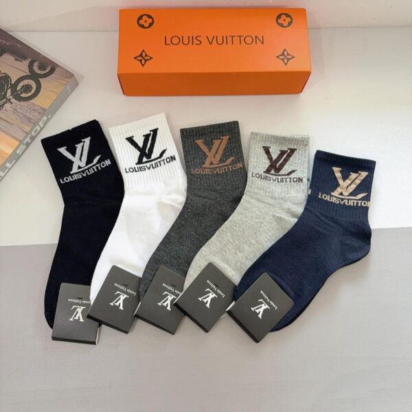 réplica,joyas,joyería,1:1,replica,fake,lujo,barato (5 pares por caja) Calcetines Louis Vuitton para hombre, media caña, puro algodón (YBAX4)